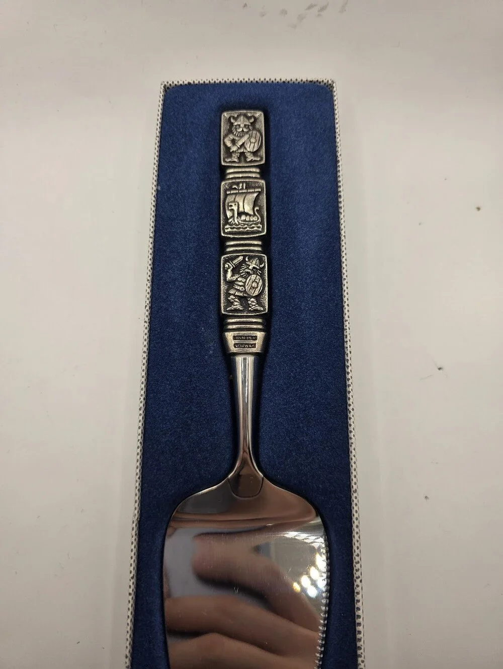 Vintage Tinn-Per Norway Viking Pewter Cake Pie Server Shovel Mid Century Boxed